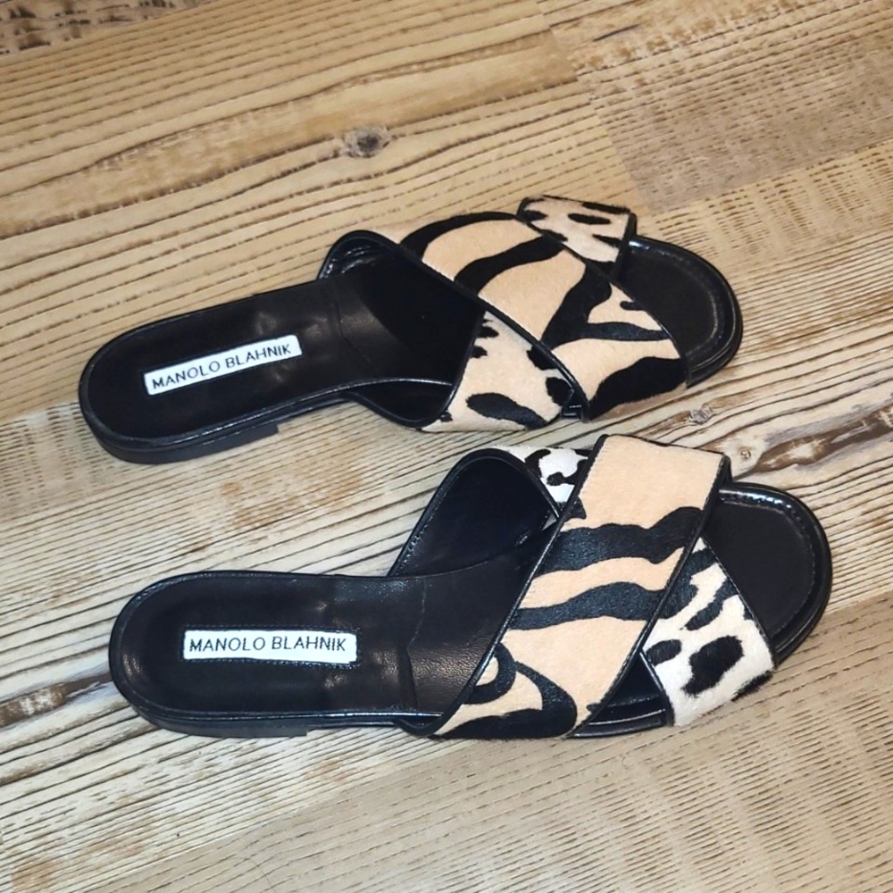 Manolo Blahnik Zebra Print Black and Cream Sandals